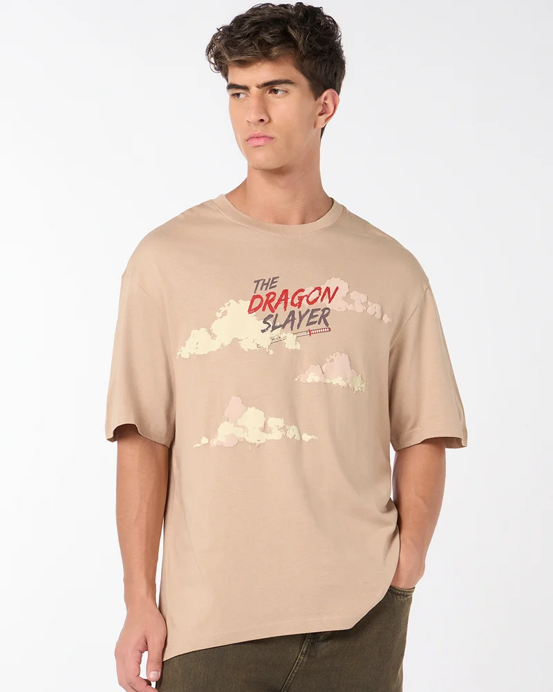 bewakoof Men's Ginger Root Brown Slayer Graphic Printed Oversized T-shirt